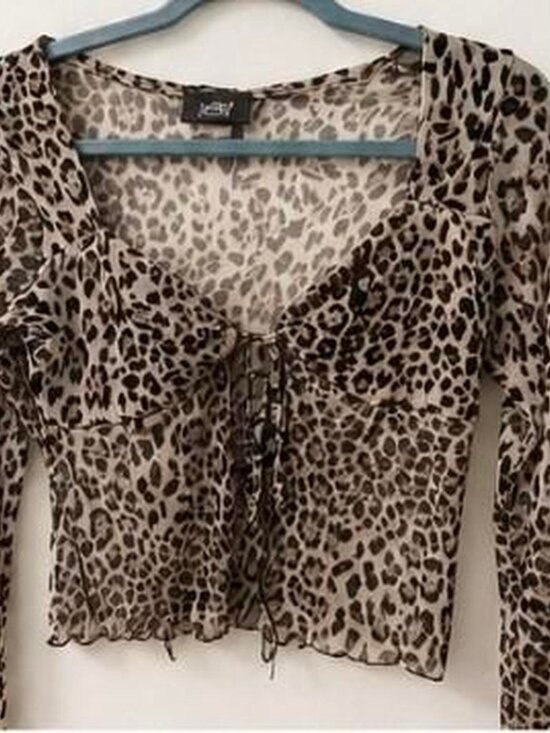 Tops - Leopard Print Mesh Long Sleeve Crop Top Front Lace‑Up Y2K Sheer Blouse